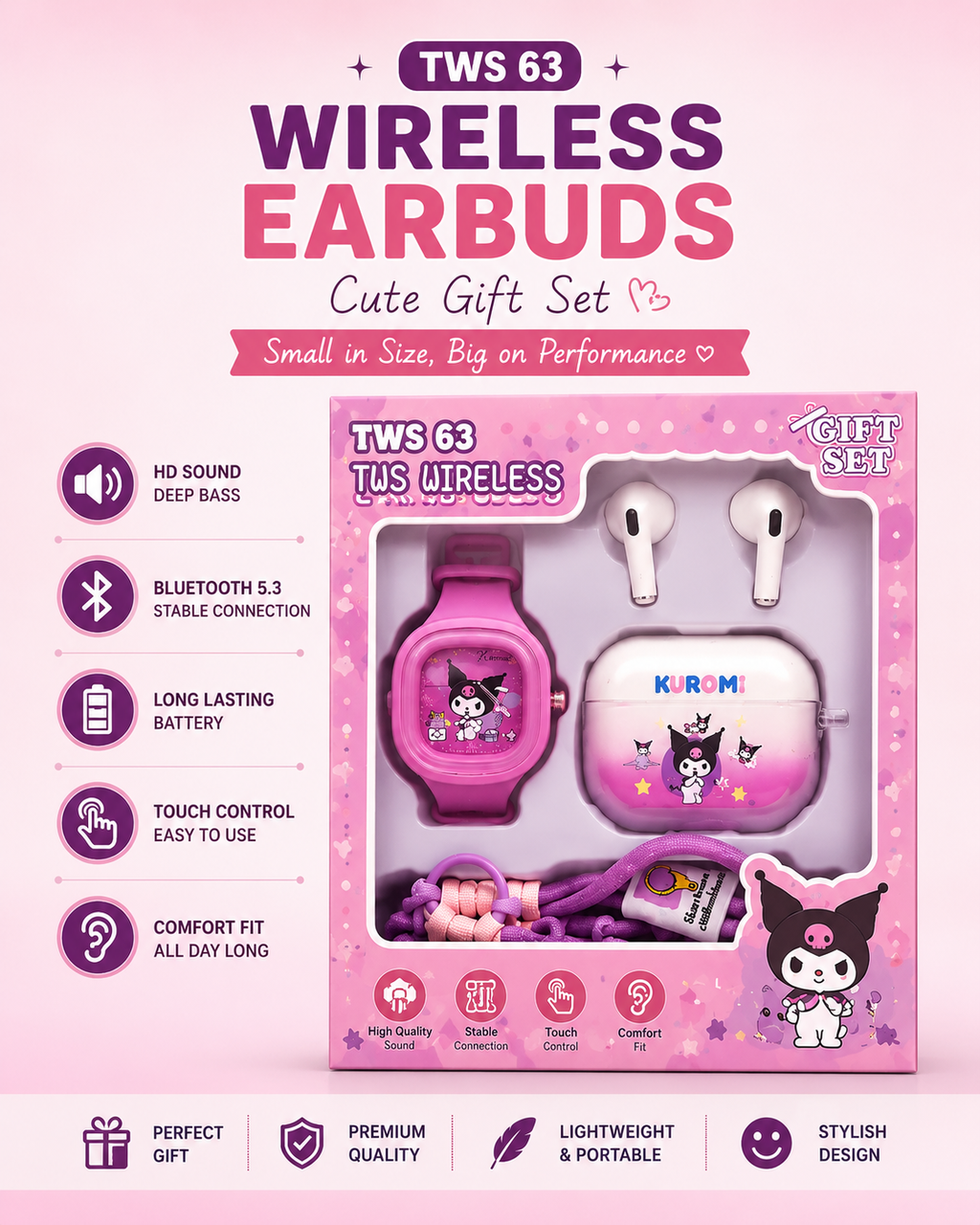TWS-63 Premium Cute Wireless Earbuds Gift Set | Bluetooth 5.3 | HD Stereo Sound | Smart Touch | Long Battery | Perfect Gift for Girls