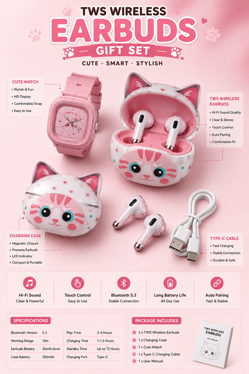 TWS-70 Cute Cat Wireless Earbuds Gift Set with Smart Watch & Charging Case | Bluetooth 5.3 | Hi-Fi Stereo Sound | Type-C Charging | Perfect Gift for Girls & Kids