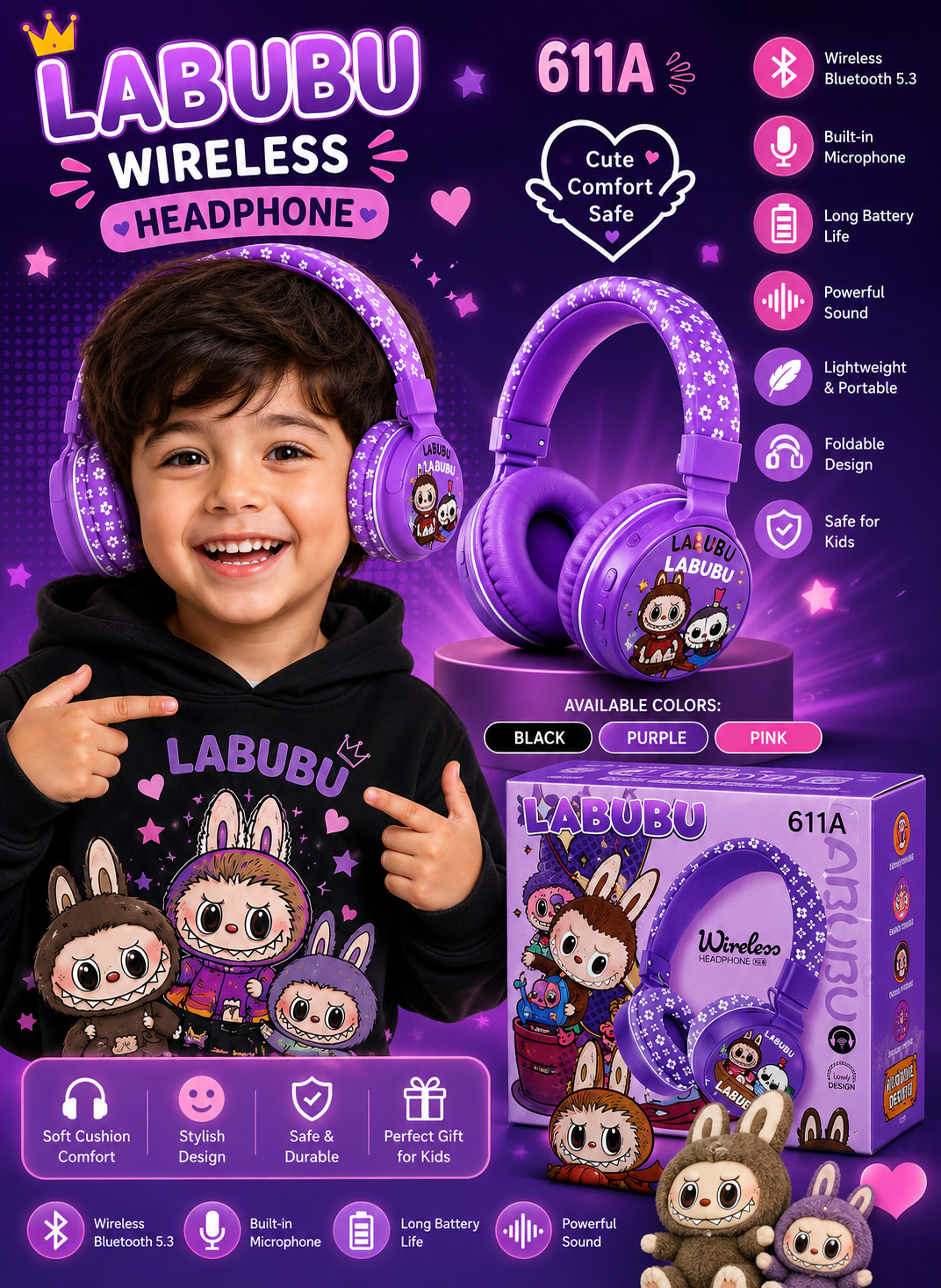 Labubu 611A Wireless Bluetooth Headphones for Kids | Bluetooth 5.3 | Foldable Over-Ear Headset with Built-in Microphone | Cute Gift for Boys & Girls