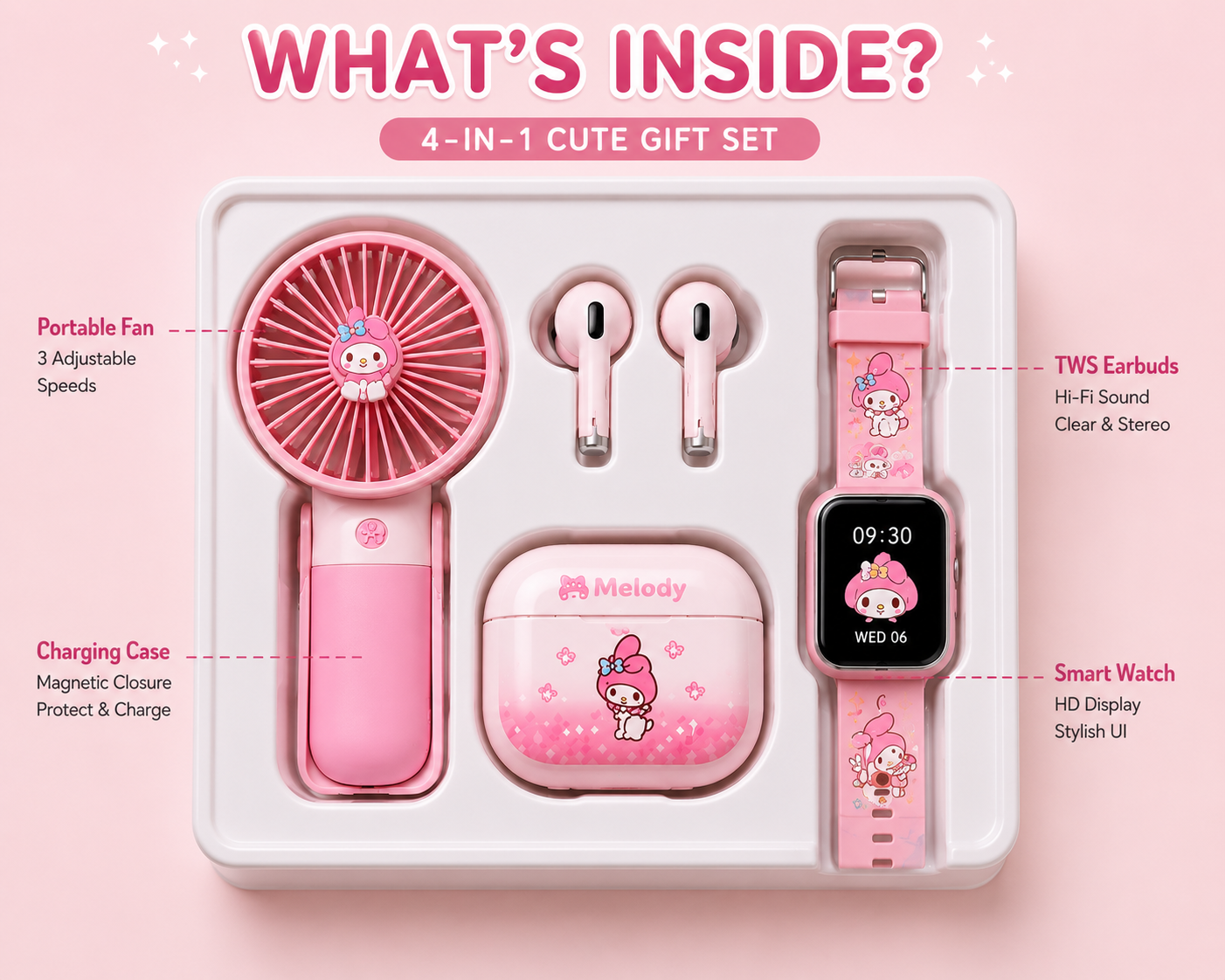 4-in-1 Cute Gift Set – Portable Mini Fan, Wireless TWS Earbuds, Smart Watch & Charging Case | USB Rechargeable | My Melody Edition