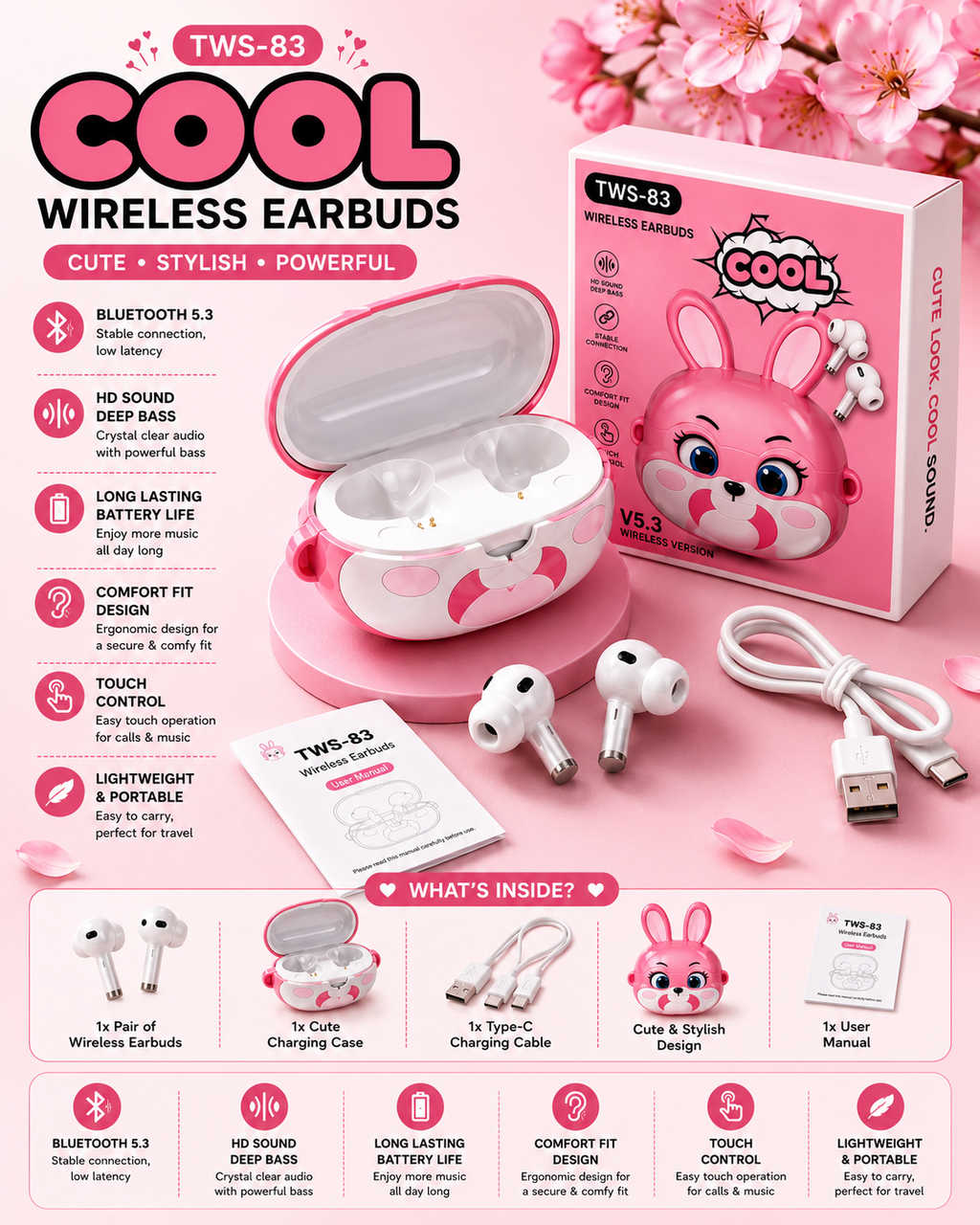 Cute Bunny TWS-83 Wireless Bluetooth Earbuds