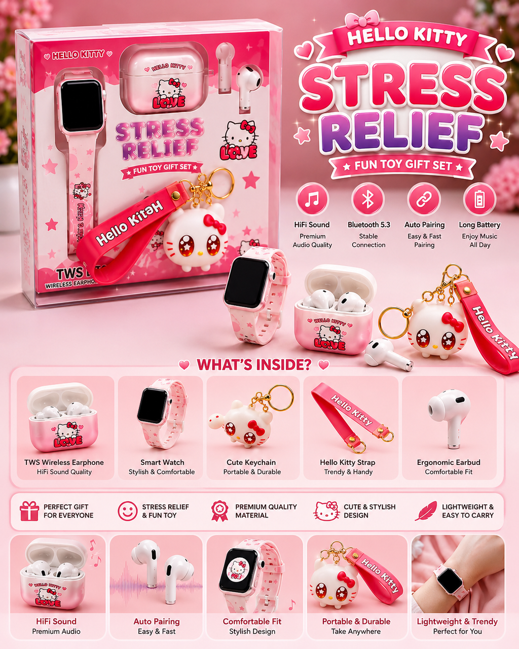 Hello Kitty Cute Wireless Earbuds Gift Set with Smart Watch