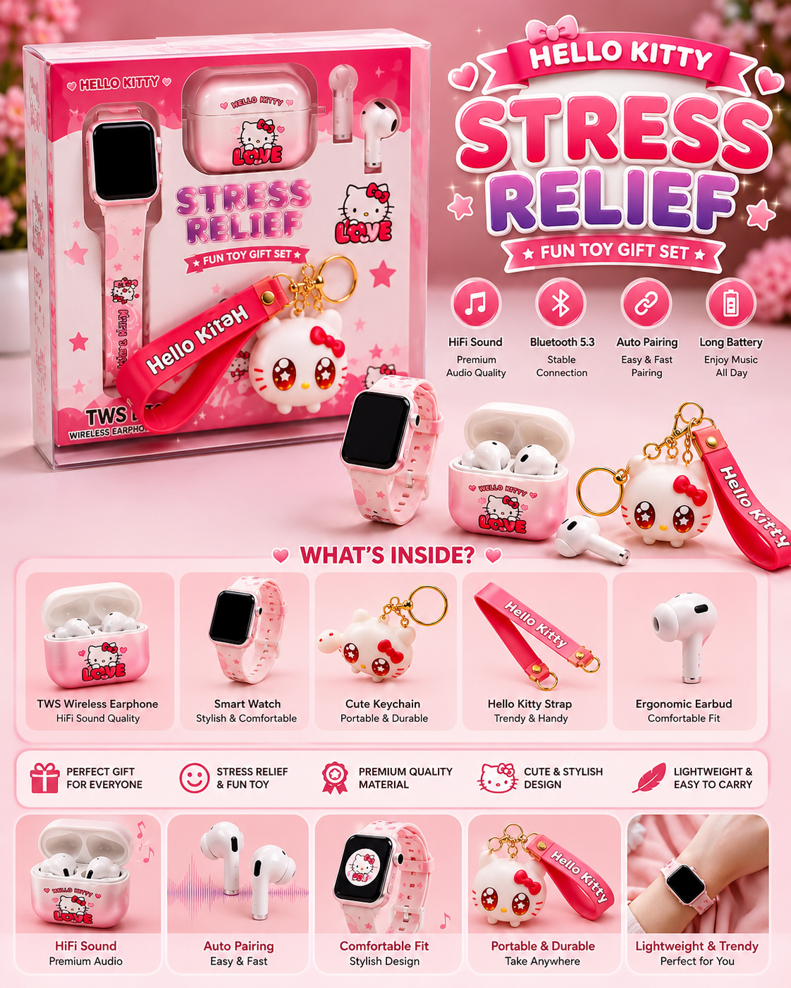 Hello Kitty Cute Wireless Earbuds Gift Set with Smart Watch
