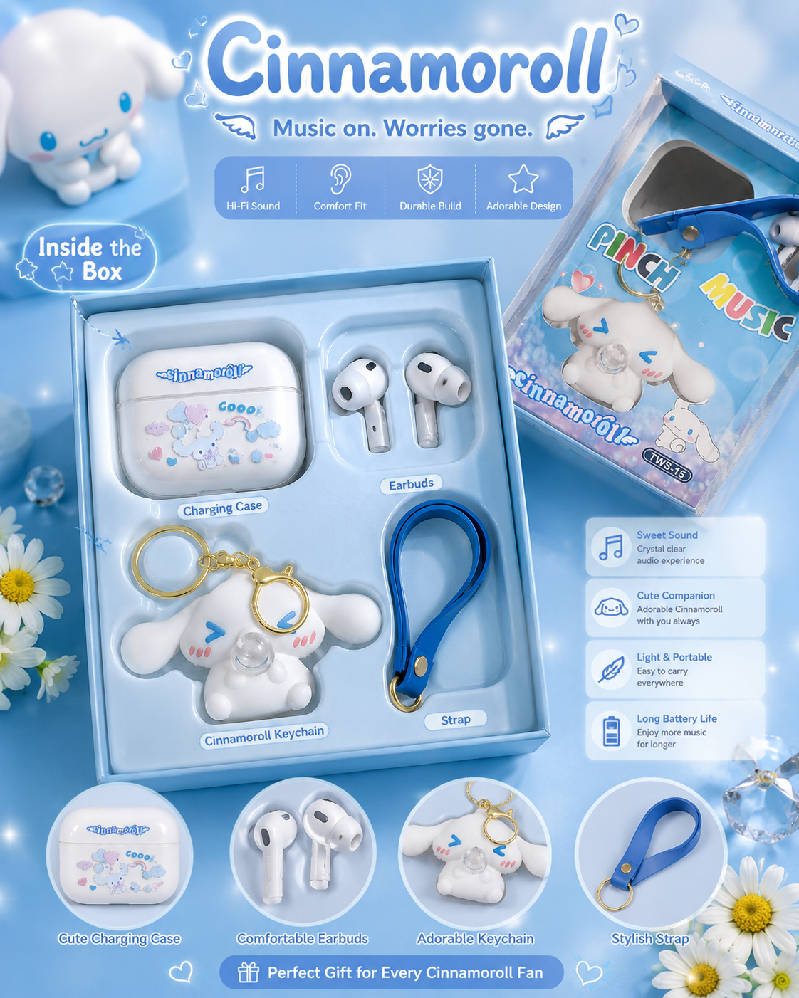 Cinnamoroll TWS-15 Wireless Bluetooth Earbuds with Cute Keychain Case – Hi-Fi Stereo Sound | Touch Control | Long Battery Life | Gift Edition