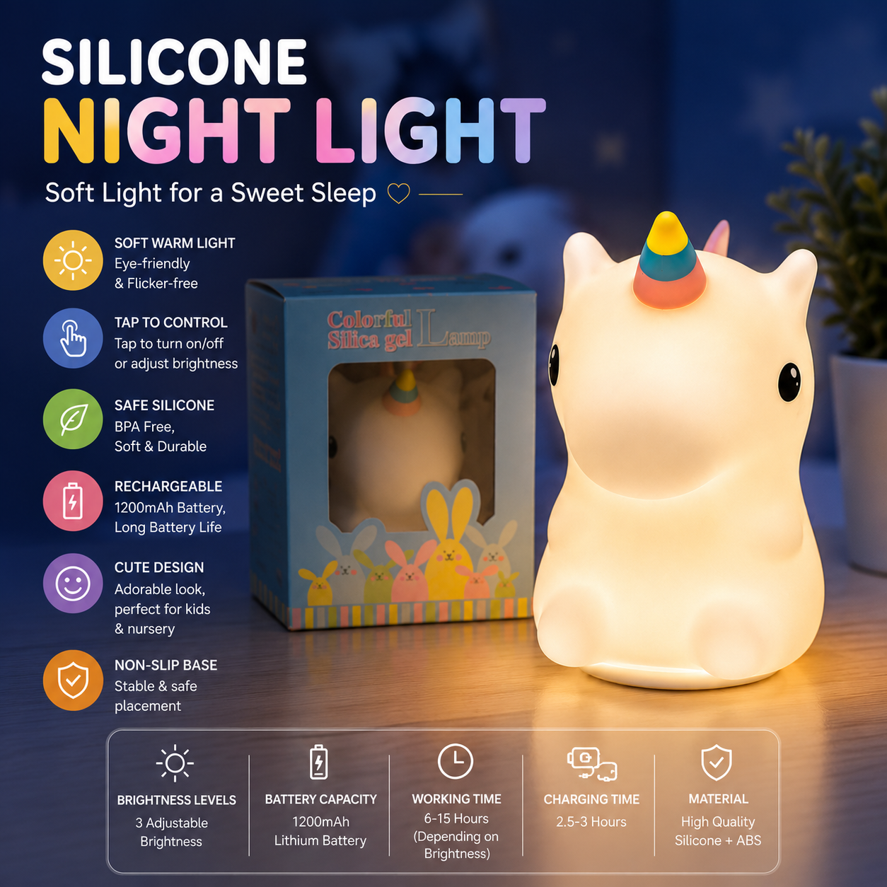 Cute Unicorn Silicone LED Night Light – USB Rechargeable Tap Control Bedside Lamp with 3 Brightness Levels for Kids, Baby & Bedroom
