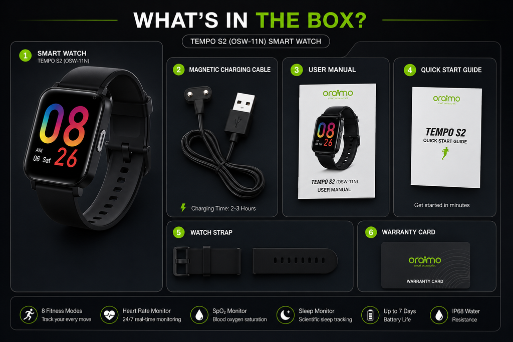Oraimo Tempo S2 OSW-11N Smart Watch | 1.69" HD Full Touch Display | Heart Rate & SpO₂ Monitor | IP68 Waterproof | Bluetooth Smartwatch for Android & iPhone