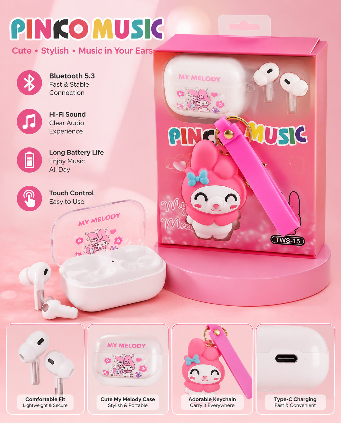 Pinko Music My Melody TWS Wireless Earbuds with Cute Keychain | Bluetooth 5.3 | Hi-Fi Stereo Sound | Type-C Charging | Touch Control | Gift Edition