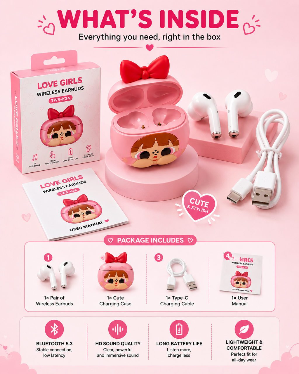 Love Girls Wireless Earbuds with Premium Charging Case
