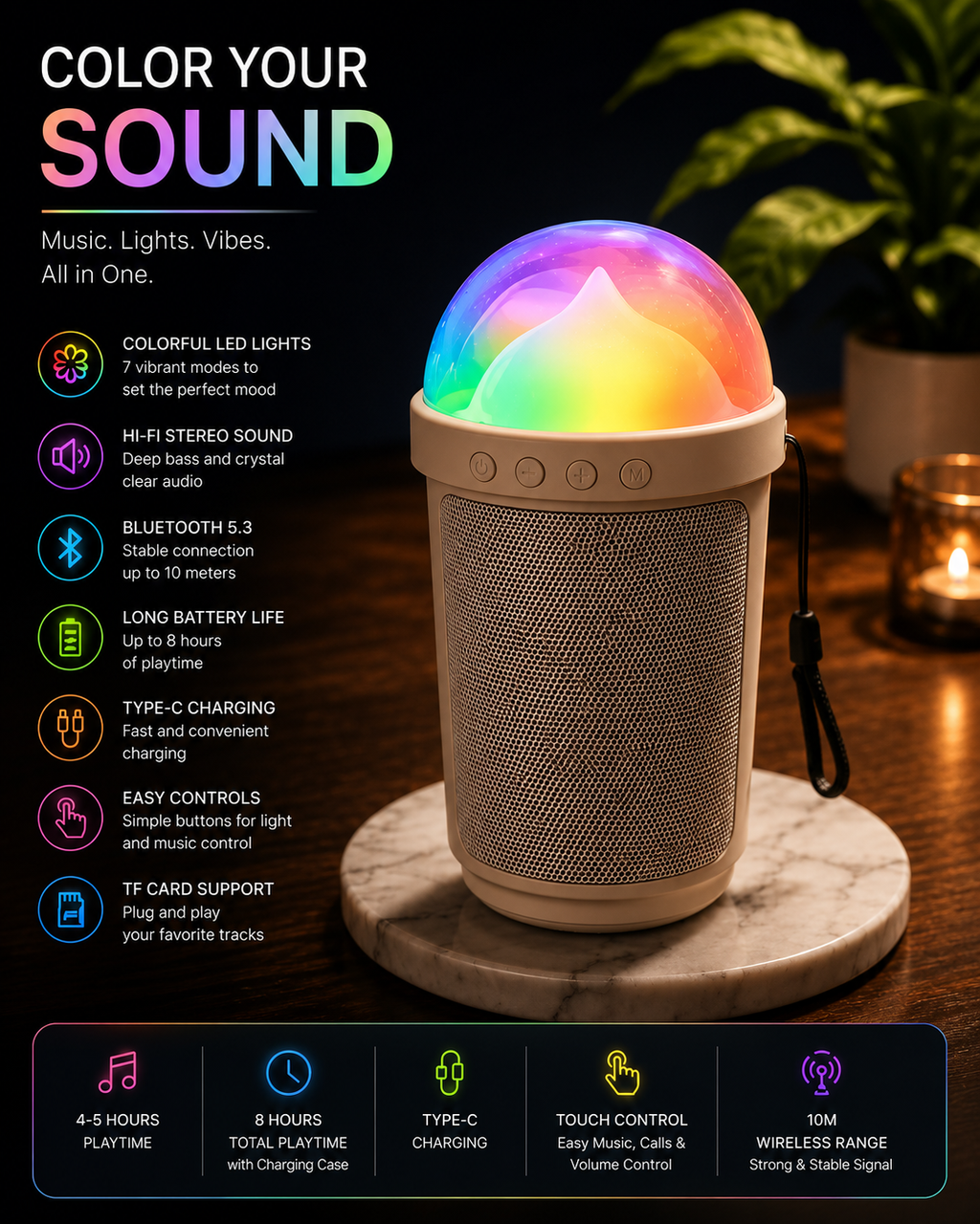 Portable Bluetooth Speaker with RGB LED Mood Light