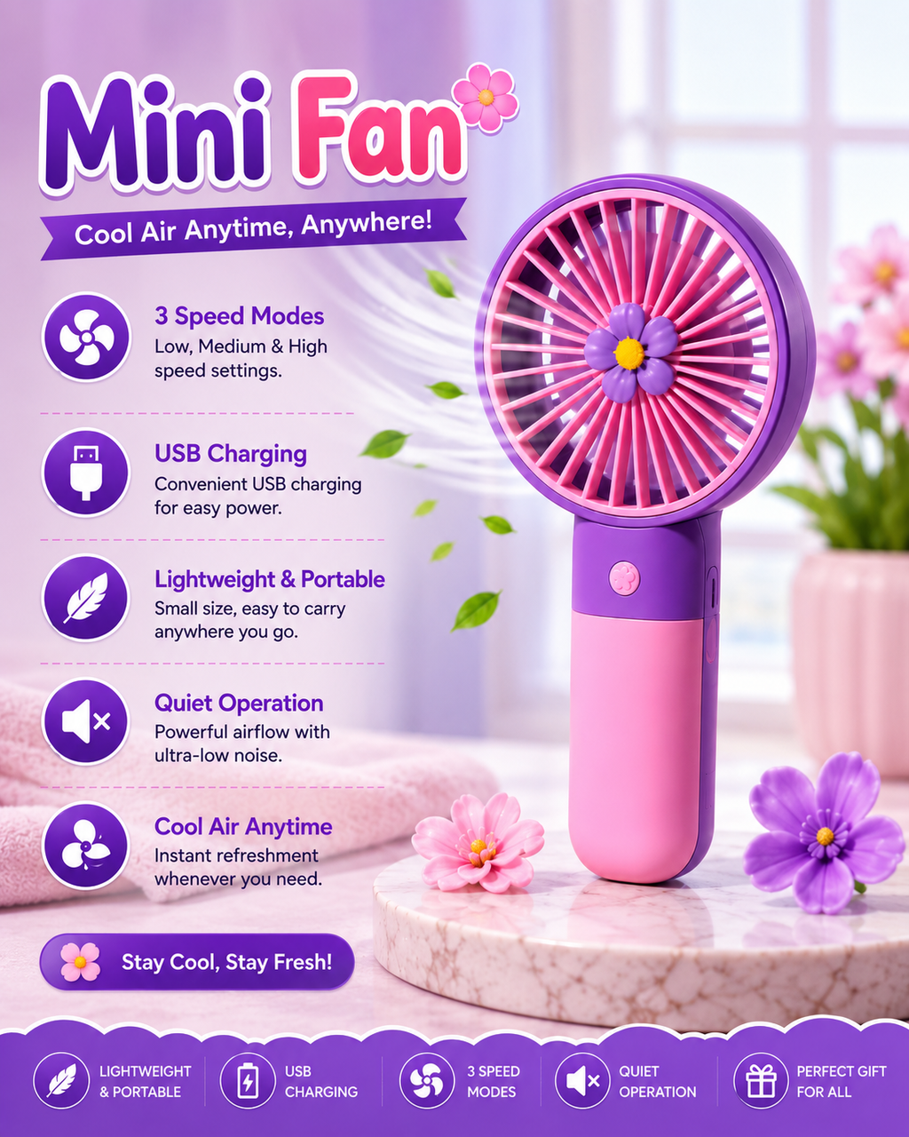 Cute 4-in-1 Smart Combo – Fan + Earbuds + Smart Watch + Kawaii Case