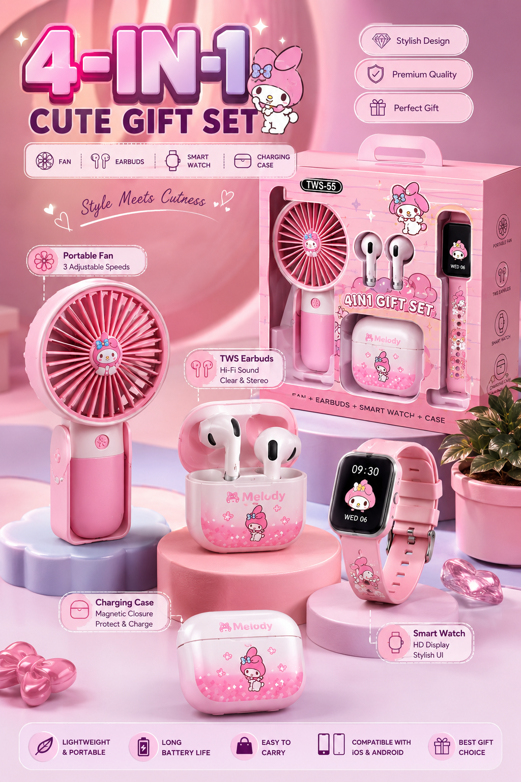 4-in-1 Cute Gift Set – Portable Mini Fan, Wireless TWS Earbuds, Smart Watch & Charging Case | USB Rechargeable | My Melody Edition