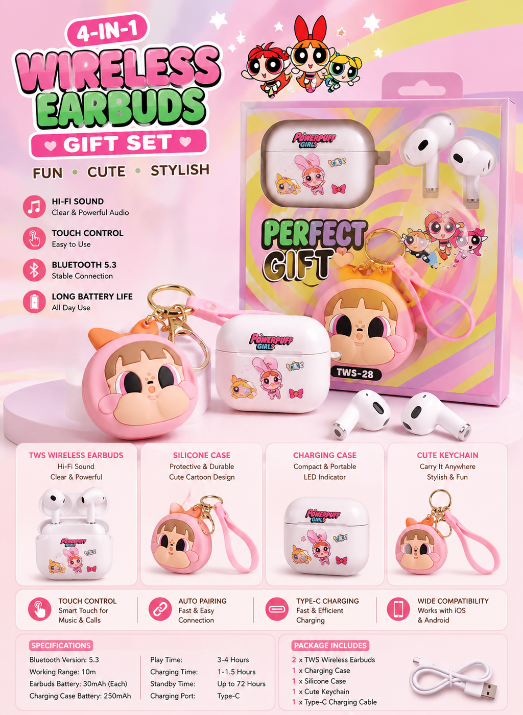 Powerpuff Girls 4-in-1 Wireless Earbuds Gift Set | Bluetooth 5.3 TWS Earbuds with Charging Case, Silicone Cover & Cute Keychain | Type-C Charging | Perfect Gift for Girls & Kids