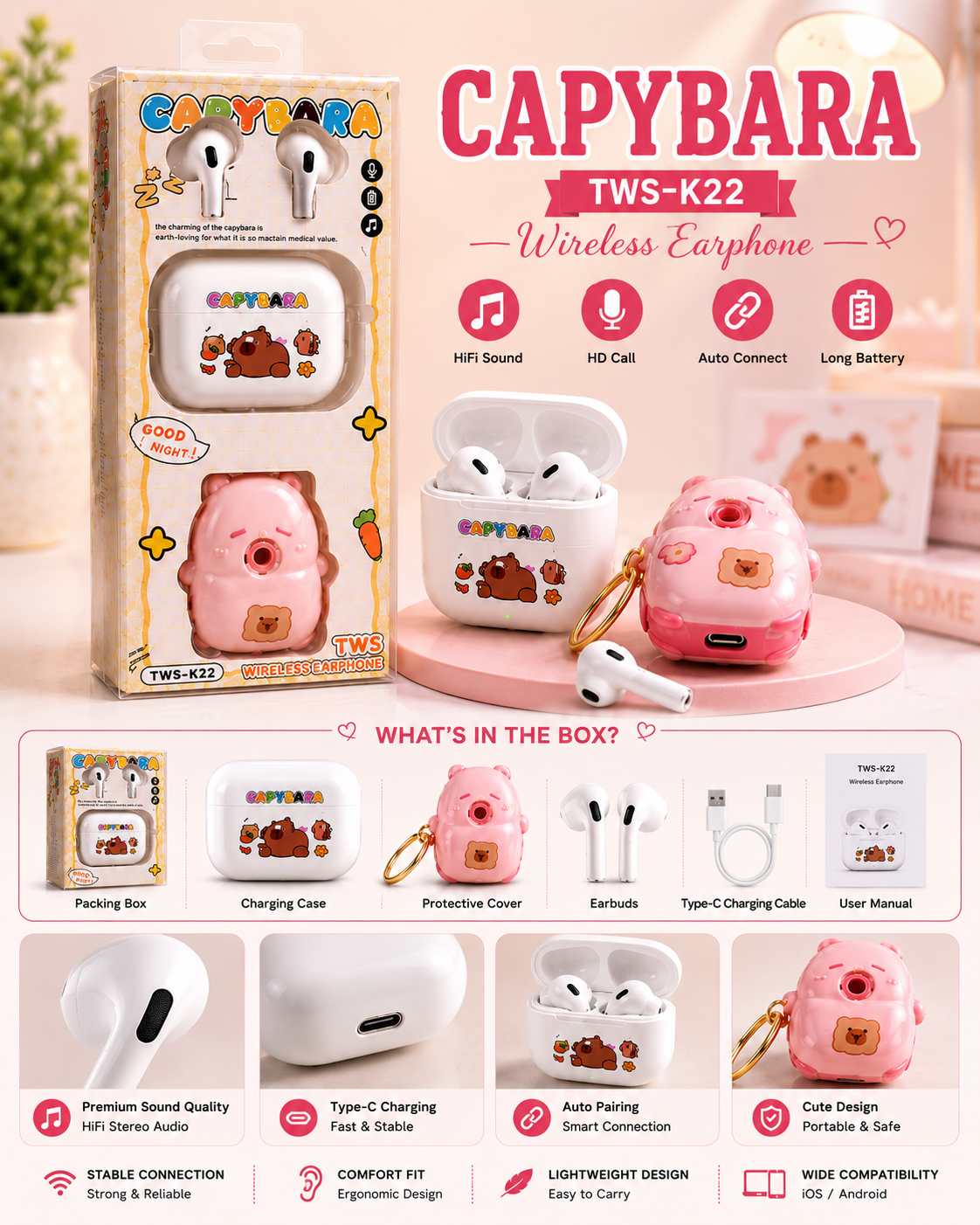 Cute Capybara Bluetooth Earbuds