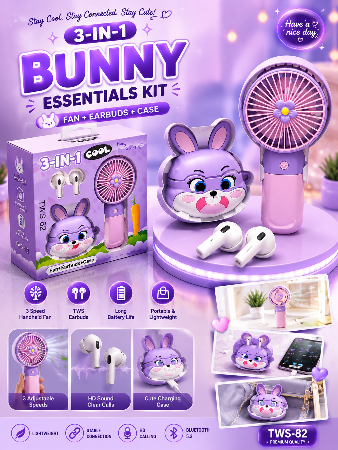 3-in-1 Bunny Essentials Kit TWS-82 – Mini Handheld Fan + Wireless Bluetooth Earbuds + Cute Charging Case | Portable Rechargeable Gift Set