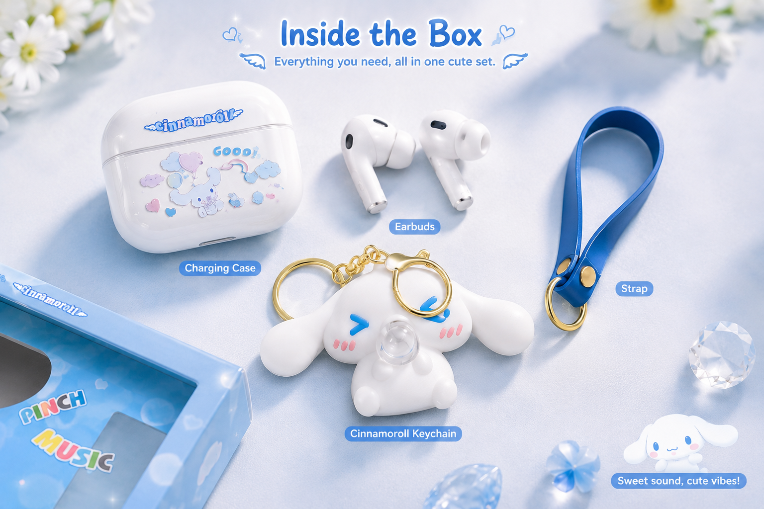Cinnamoroll TWS-15 Wireless Bluetooth Earbuds with Cute Keychain Case – Hi-Fi Stereo Sound | Touch Control | Long Battery Life | Gift Edition