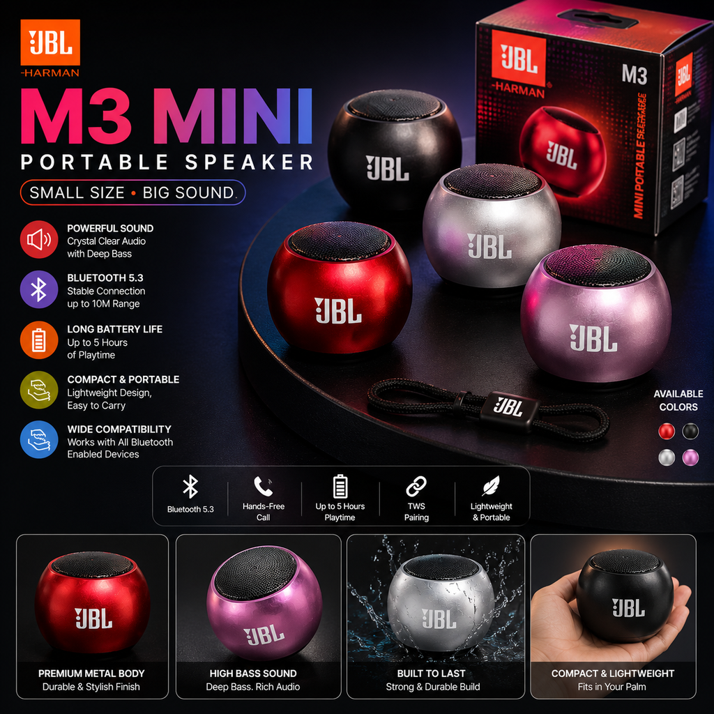 JBL Harman M3 Mini Portable Bluetooth Speaker – Deep Bass | Bluetooth 5.3 | Metal Body | 5 Hours Playtime | Compact Wireless Speaker