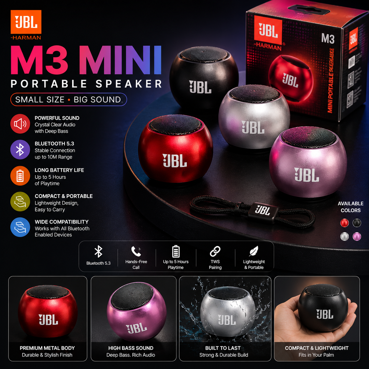 JBL Harman M3 Mini Portable Bluetooth Speaker – Deep Bass | Bluetooth 5.3 | Metal Body | 5 Hours Playtime | Compact Wireless Speaker
