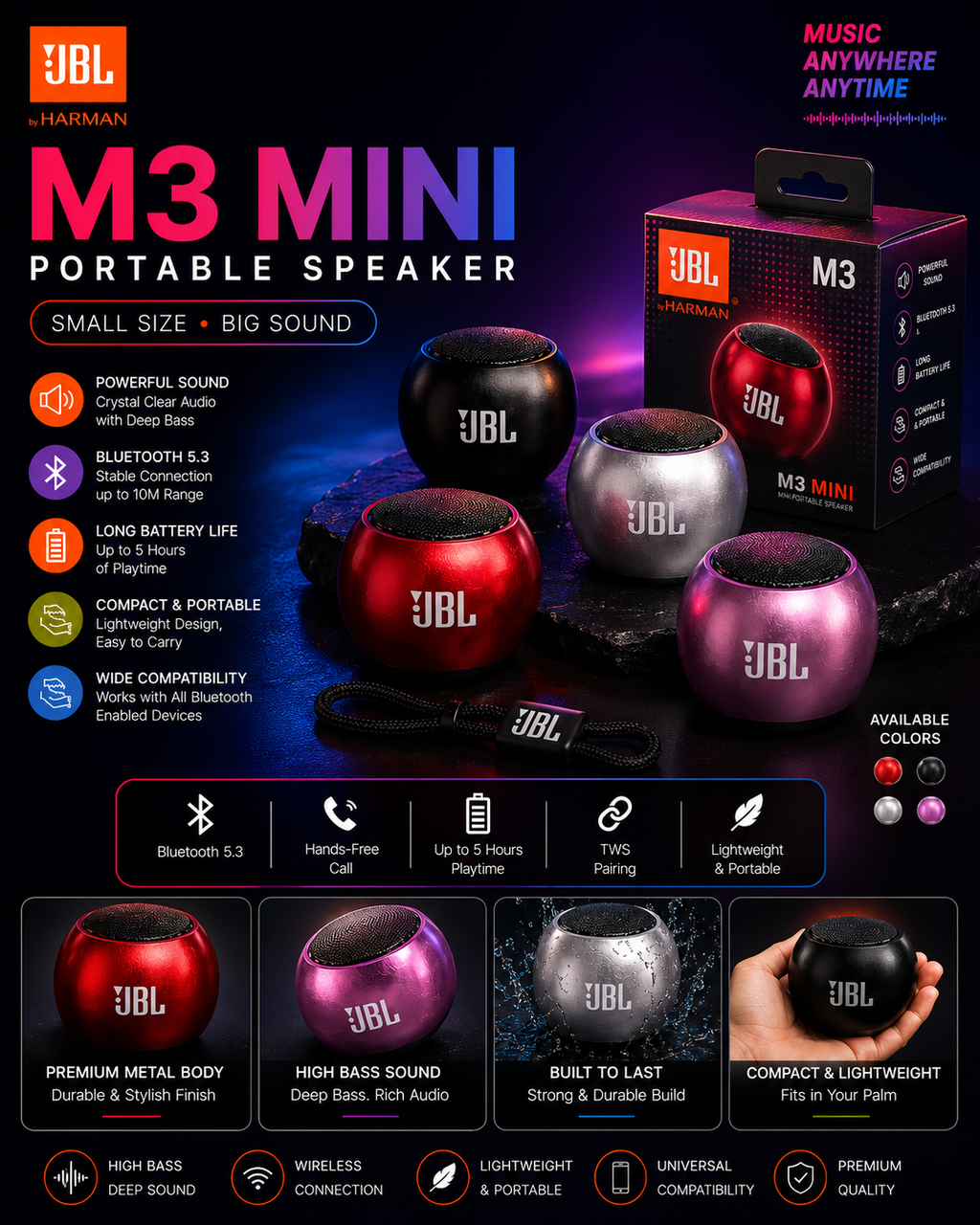 JBL Harman M3 Mini Portable Bluetooth Speaker
