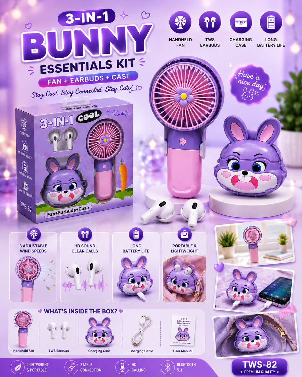 3-in-1 Bunny Essentials Kit TWS-82 – Mini Handheld Fan + Wireless Bluetooth Earbuds + Cute Charging Case | Portable Rechargeable Gift Set