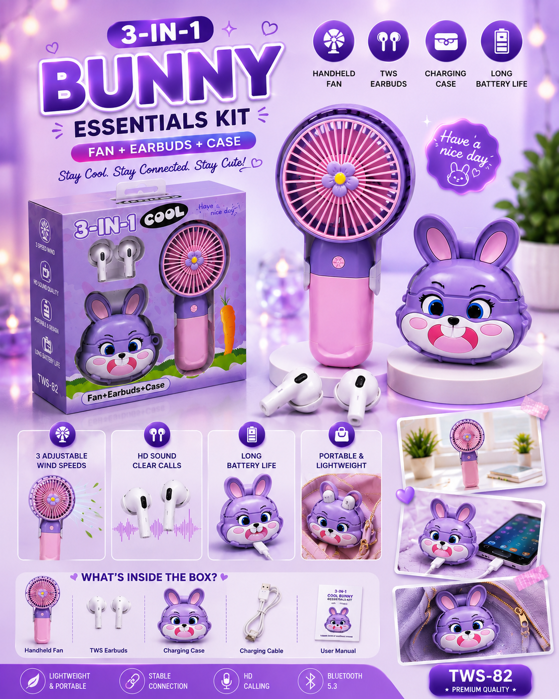 3-in-1 Bunny Essentials Kit TWS-82 – Mini Handheld Fan + Wireless Bluetooth Earbuds + Cute Charging Case | Portable Rechargeable Gift Set