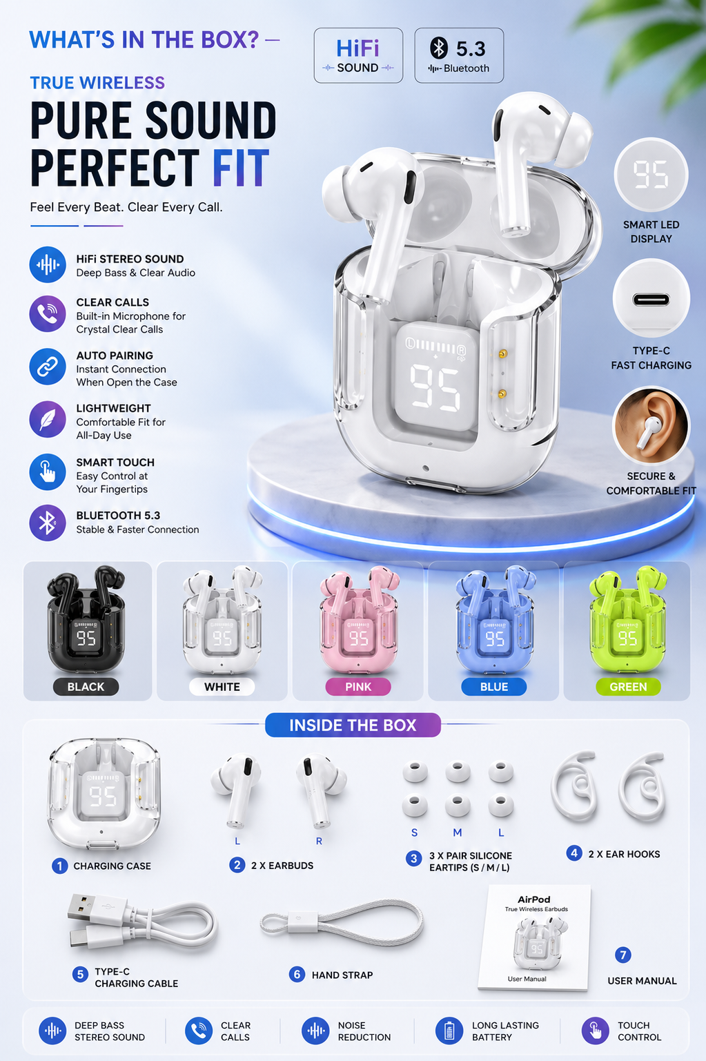 TWS Wireless Bluetooth 5.3 Earbuds with Digital Display