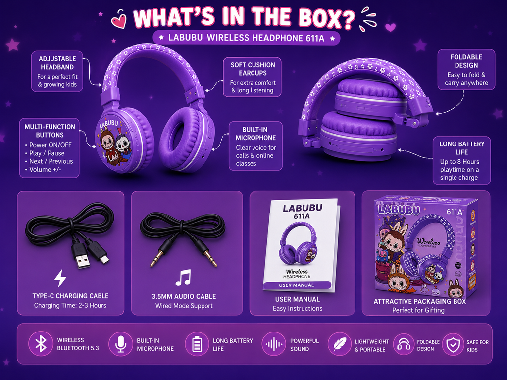 Labubu 611A Wireless Bluetooth Headphones for Kids | Bluetooth 5.3 | Foldable Over-Ear Headset with Built-in Microphone | Cute Gift for Boys & Girls