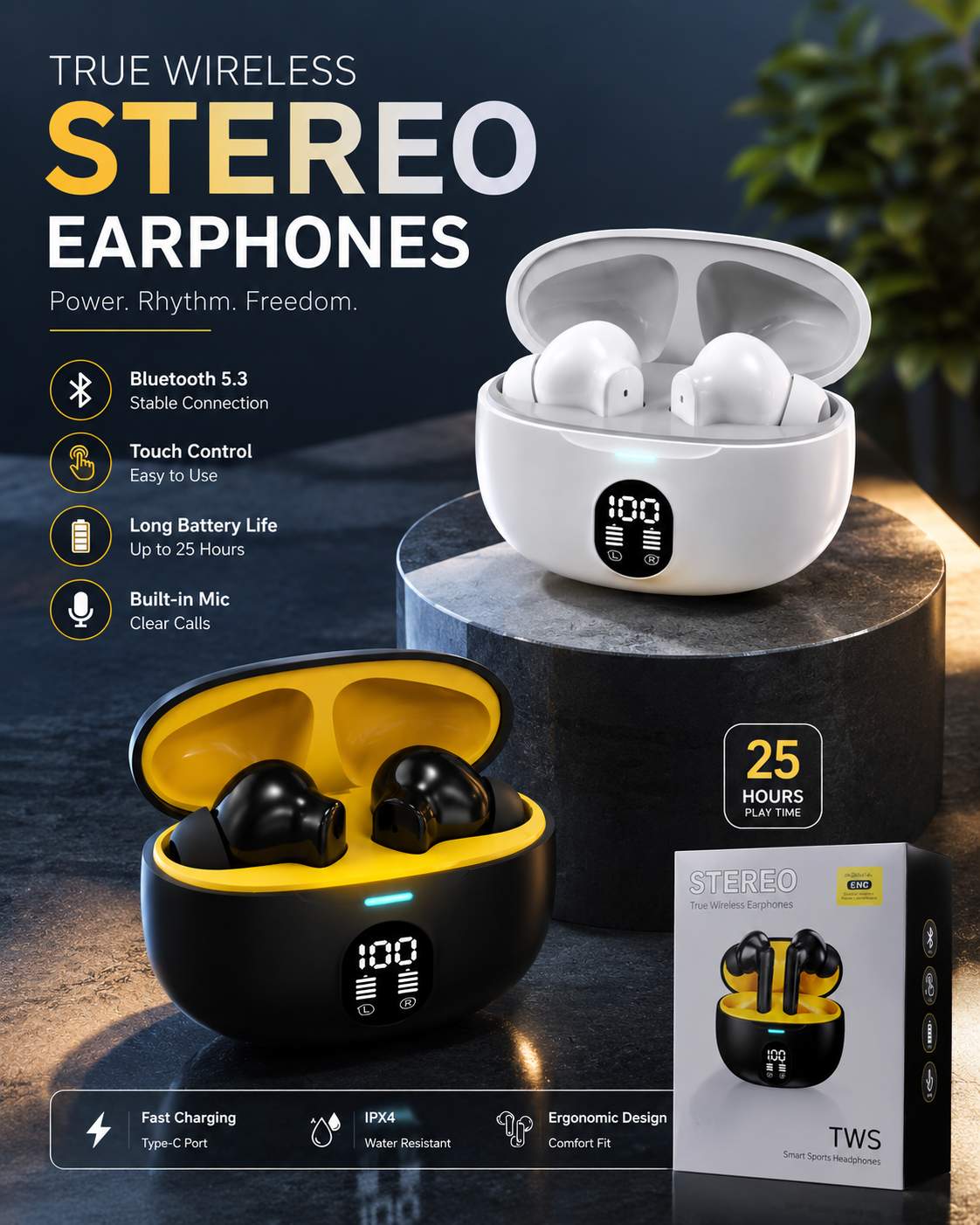 TWS Bluetooth 5.3 Wireless Earbuds with LED Display, Touch Control, Type-C Fast Charging & 25H Battery Life | IPX4 Water Resistant