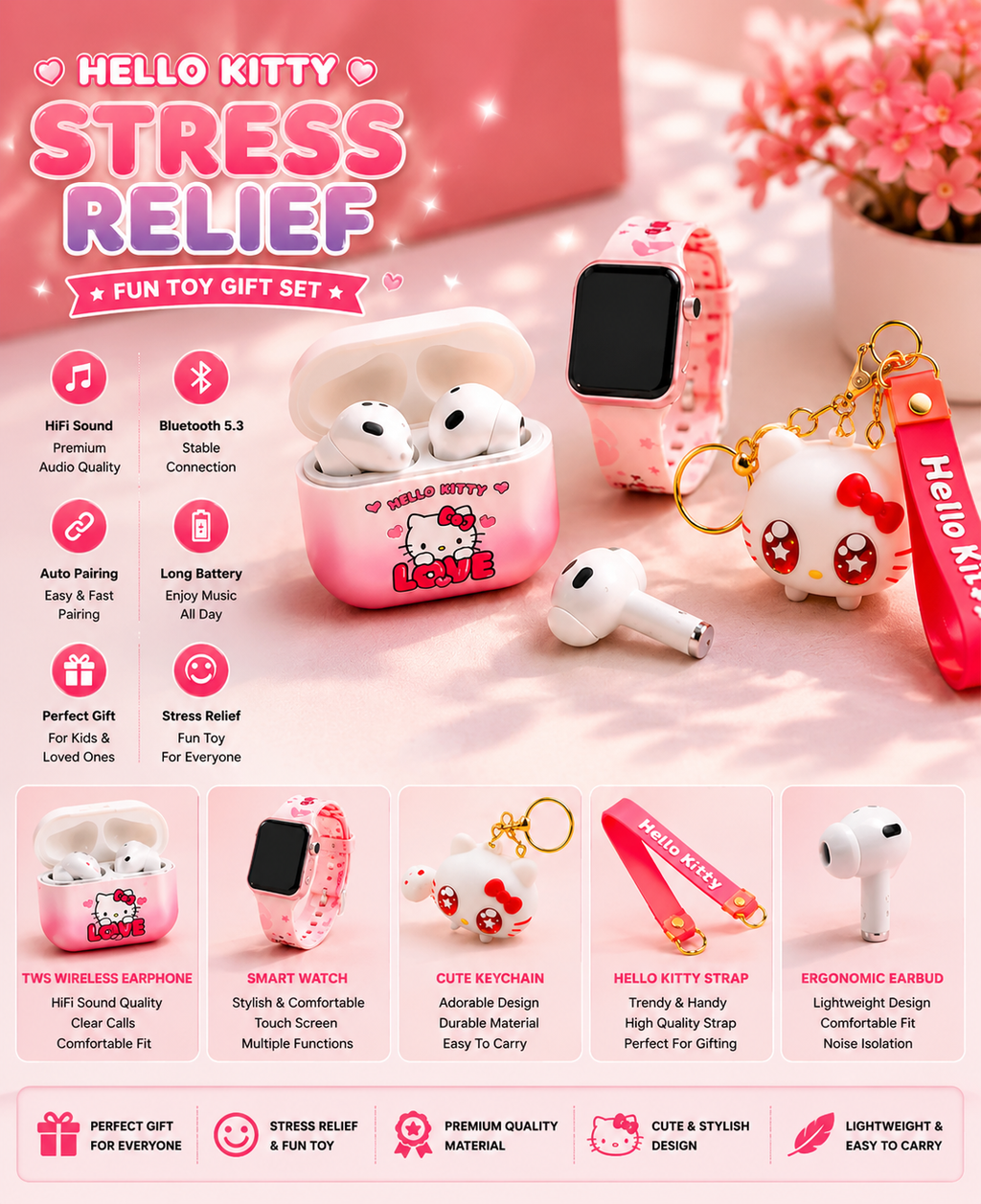 Hello Kitty Cute Wireless Earbuds Gift Set with Smart Watch
