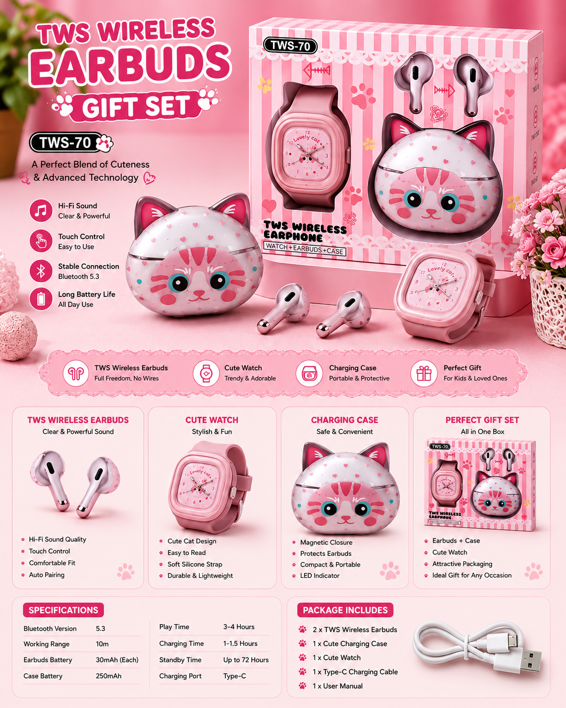 TWS-70 Cute Cat Wireless Earbuds Gift Set with Smart Watch