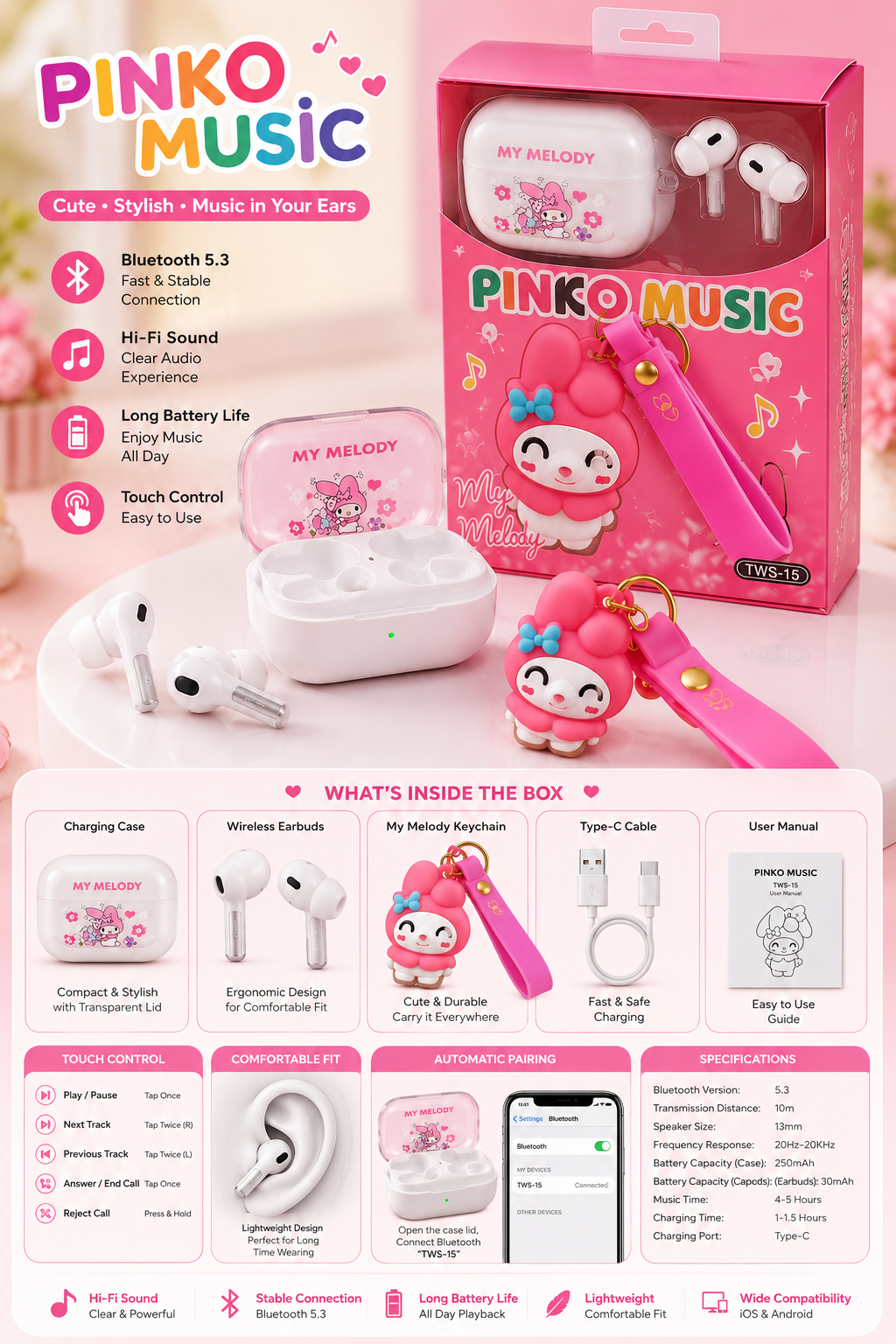 Pinko Music My Melody TWS Wireless Earbuds with Cute Keychain | Bluetooth 5.3 | Hi-Fi Stereo Sound | Type-C Charging | Touch Control | Gift Edition