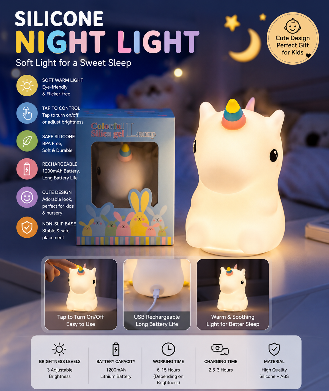 Cute Unicorn Silicone LED Night Light – USB Rechargeable Tap Control Bedside Lamp with 3 Brightness Levels for Kids, Baby & Bedroom
