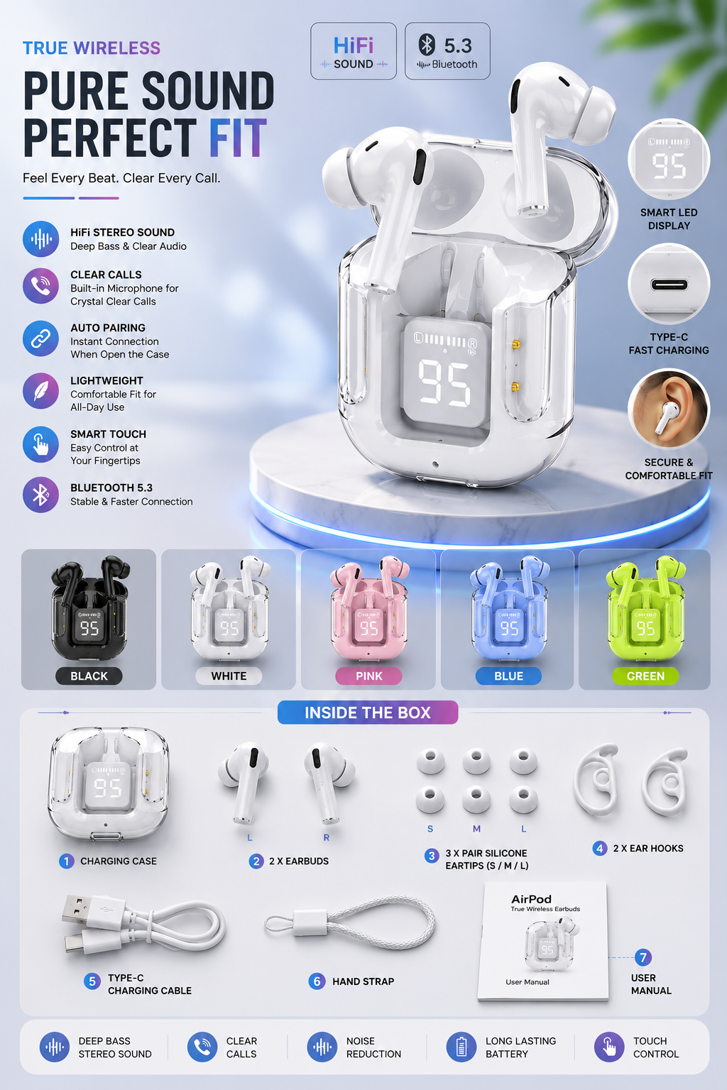 TWS Wireless Bluetooth 5.3 Earbuds with Digital Display – HiFi Stereo Sound, Noise Reduction, Touch Control & Type-C Fast Charging