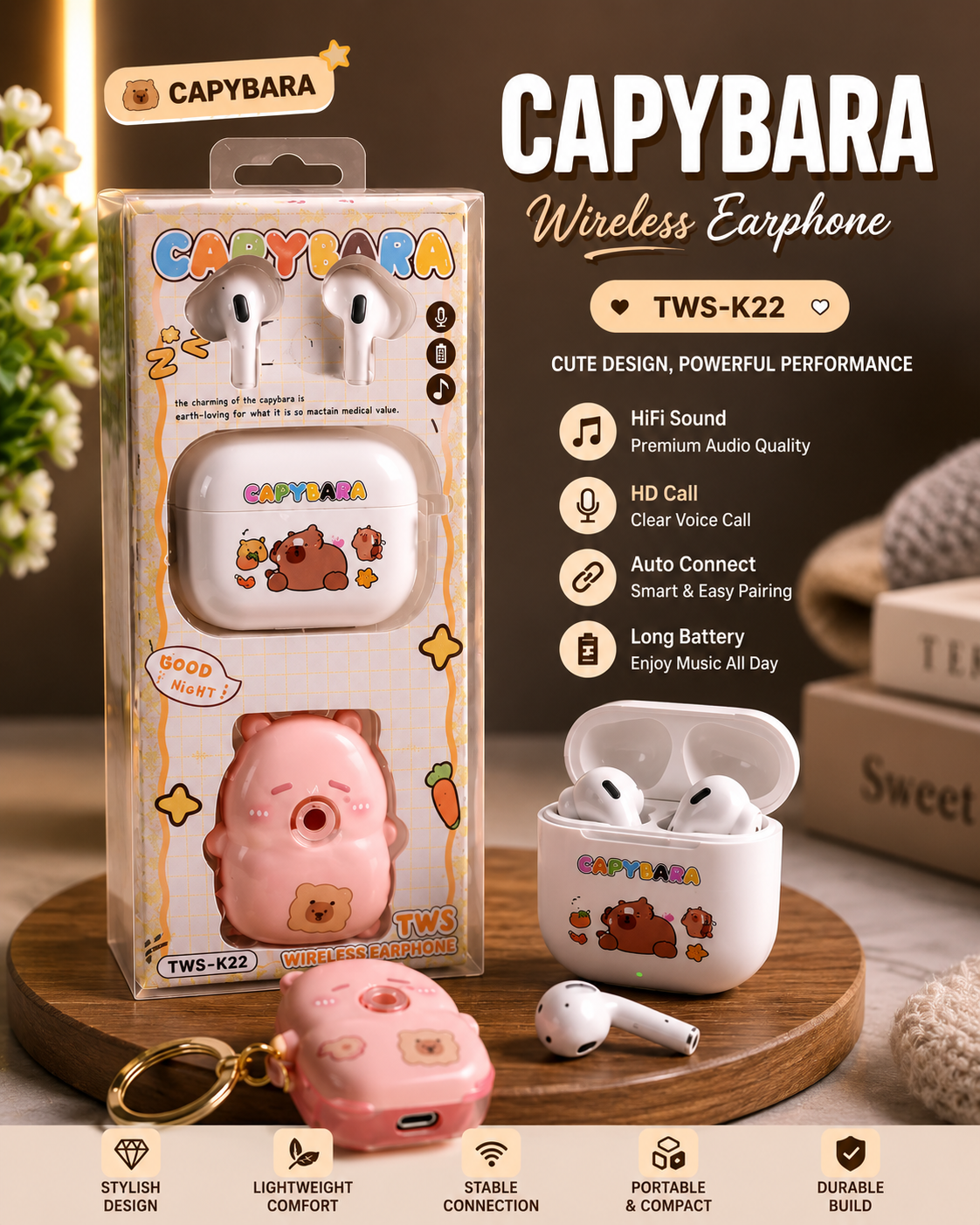 Cute Capybara Bluetooth Earbuds