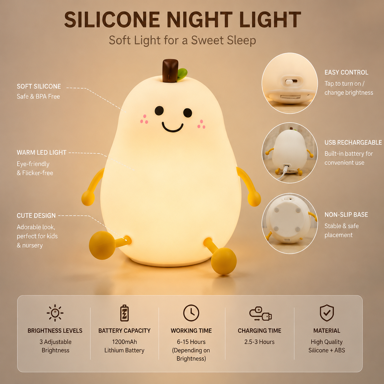 Cute Pear Silicone LED Night Light – USB Rechargeable Tap Control Bedside Lamp with Soft Warm Light for Kids, Baby & Bedroom
