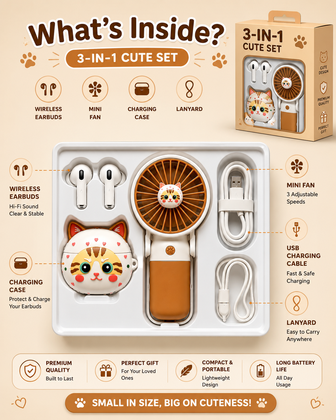 3-in-1 Cute Cat Earbuds Set – Wireless Bluetooth Earbuds with Portable Mini Fan