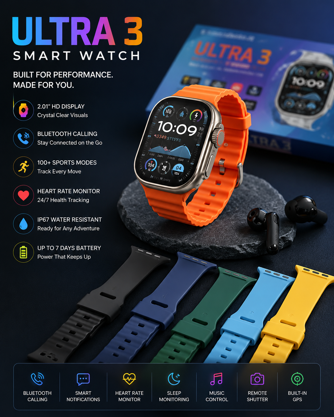 Ultra 3 Smart Watch 2.01" HD Display | Bluetooth Calling | Heart Rate Monitor | IP67 Waterproof | 100+ Sports Modes | Long Battery Life