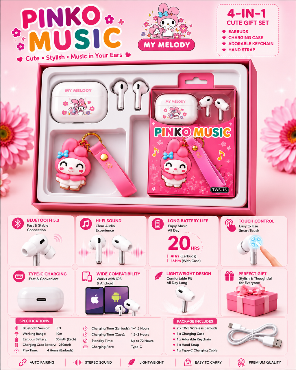 Pinko Music My Melody TWS Wireless Earbuds with Cute Keychain