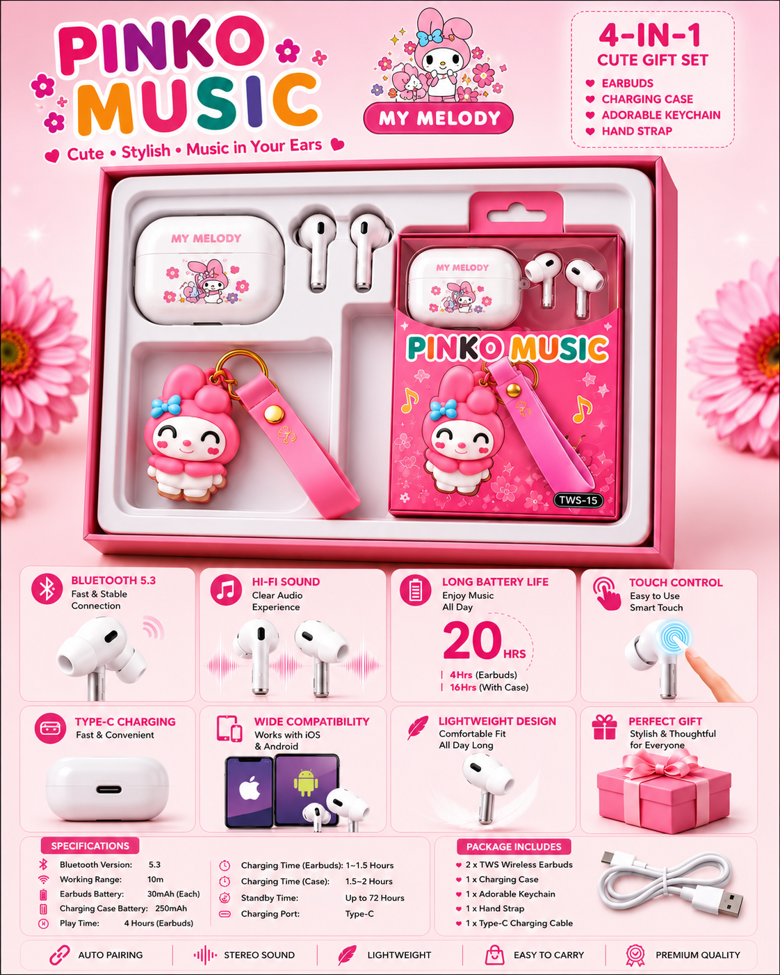 Pinko Music My Melody TWS Wireless Earbuds with Cute Keychain