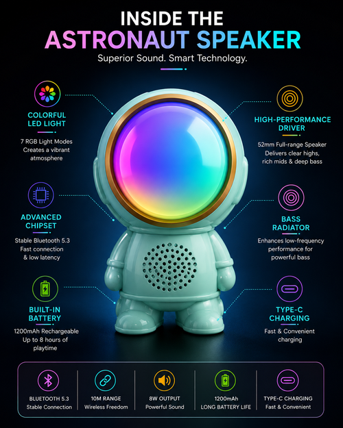 Astronaut Bluetooth Speaker with RGB LED Lights