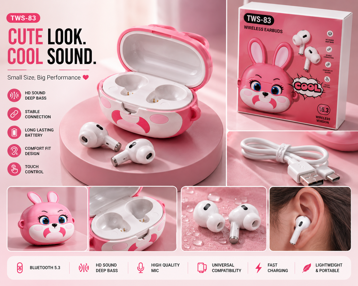 Cute Bunny TWS-83 Wireless Bluetooth Earbuds – HD Sound, Deep Bass, Bluetooth 5.3, Premium Quality