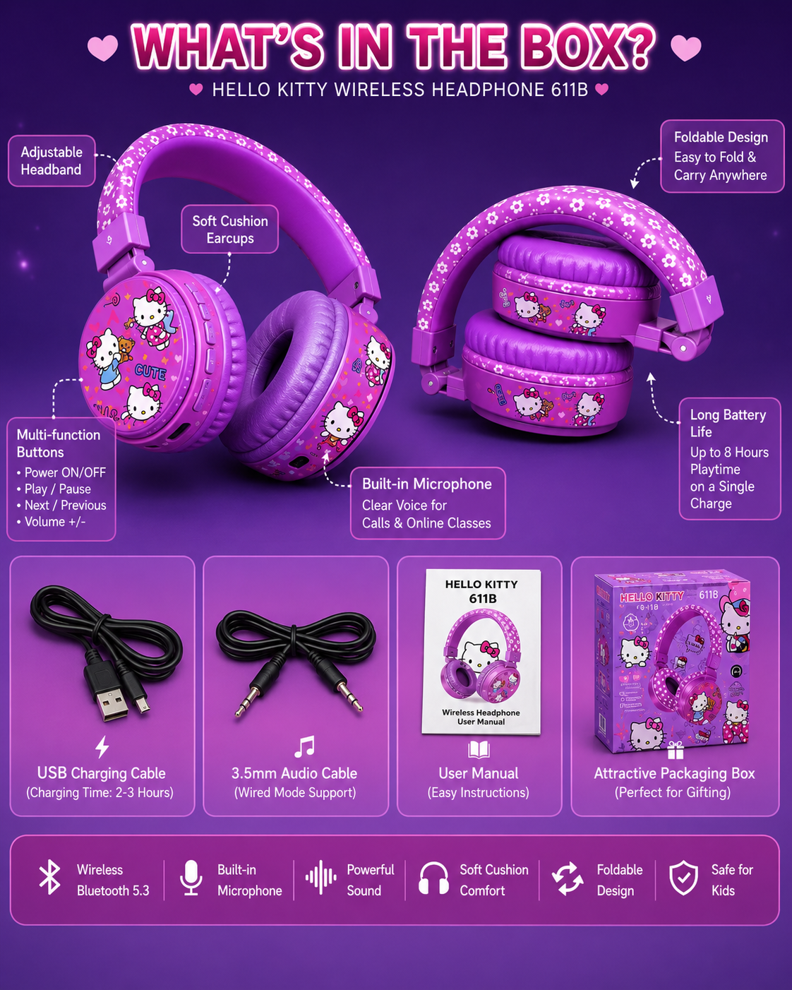 Hello Kitty 611B Wireless Bluetooth Headphones