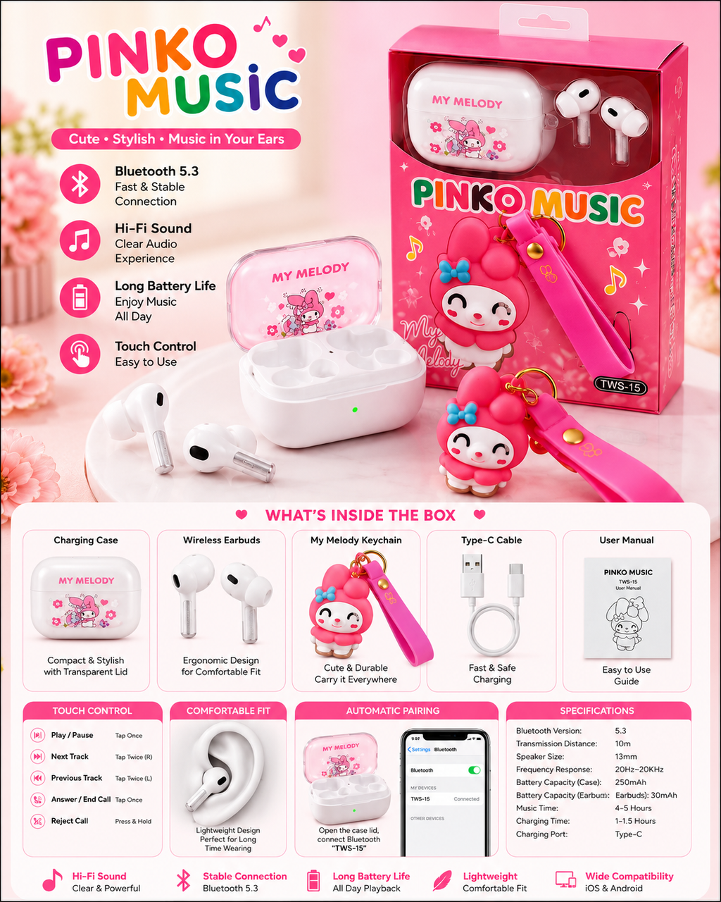 Pinko Music My Melody TWS Wireless Earbuds with Cute Keychain