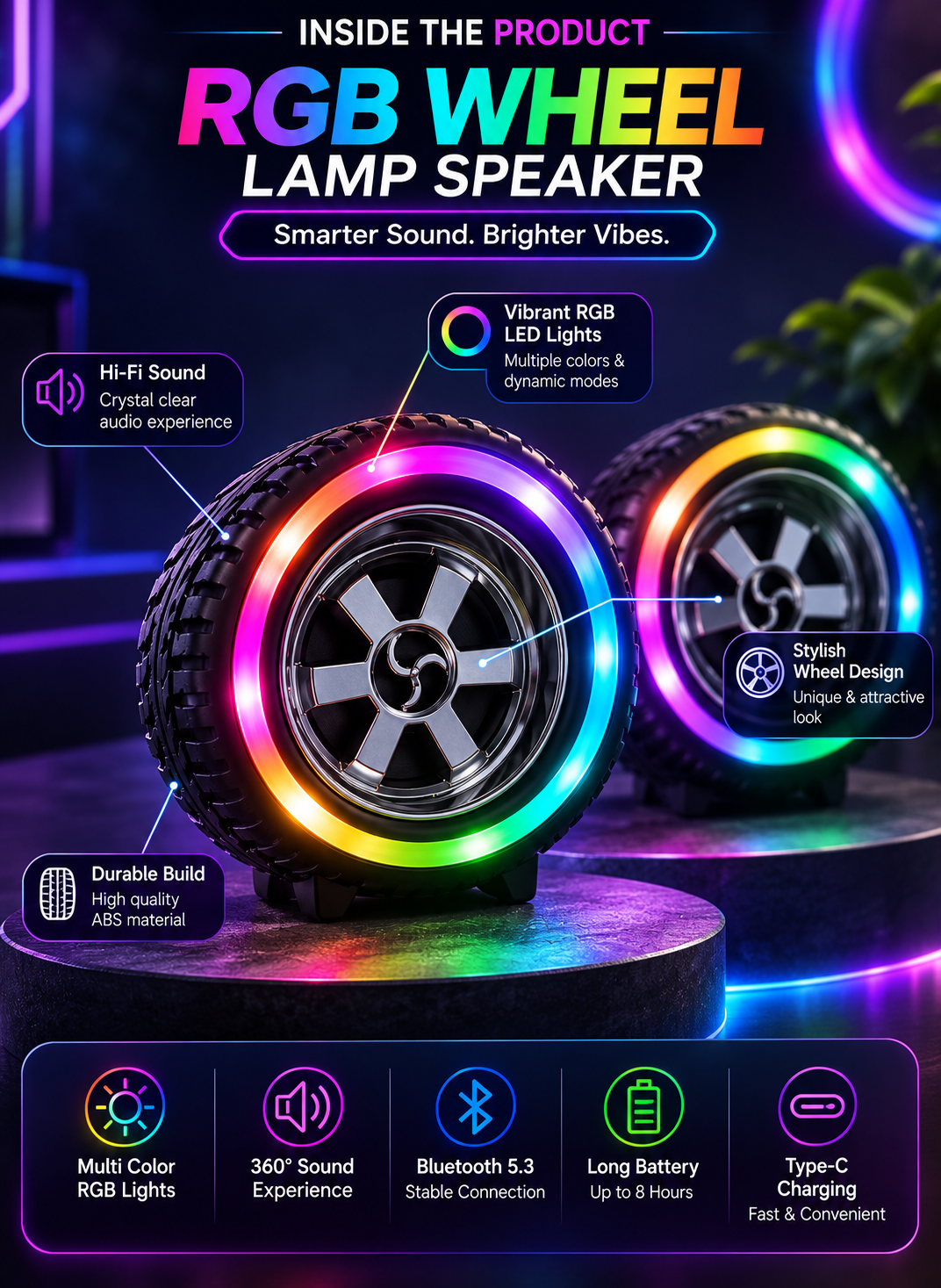 RGB Wheel Lamp Bluetooth Speaker | Bluetooth 5.3 | 360° Hi-Fi Sound | Multi-Color RGB Lights | Type-C Fast Charging | Portable Wireless Speaker