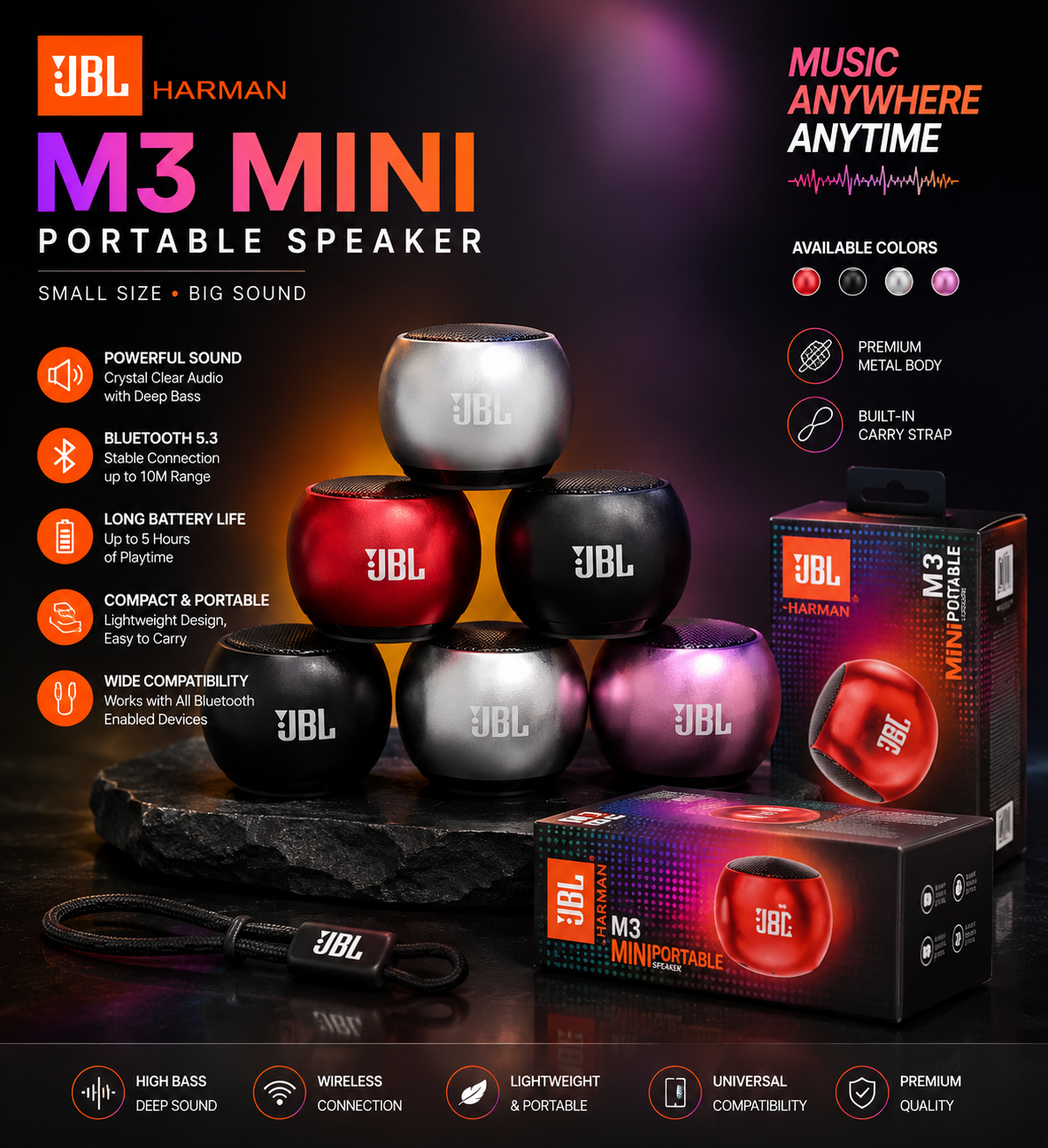 JBL Harman M3 Mini Portable Bluetooth Speaker – Deep Bass | Bluetooth 5.3 | Metal Body | 5 Hours Playtime | Compact Wireless Speaker