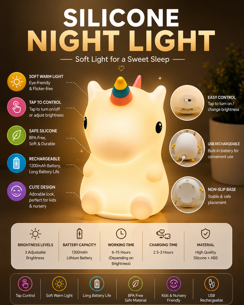 Cute Unicorn Silicone LED Night Light