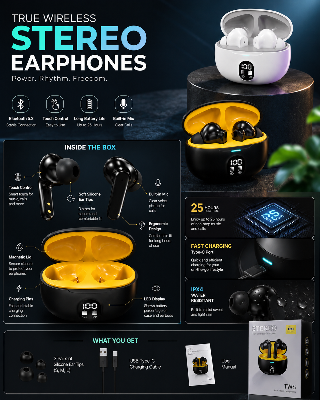 TWS Bluetooth 5.3 Wireless Earbuds with LED Display, Touch Control, Type-C Fast Charging & 25H Battery Life | IPX4 Water Resistant