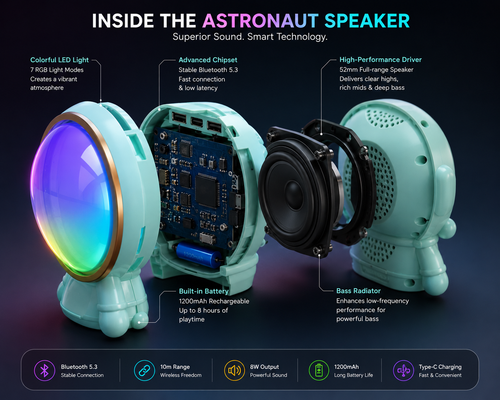 Astronaut Bluetooth Speaker with RGB LED Lights | Bluetooth 5.3 | Hi-Fi Stereo Sound | Type-C Fast Charging | Portable Mini Wireless Speaker