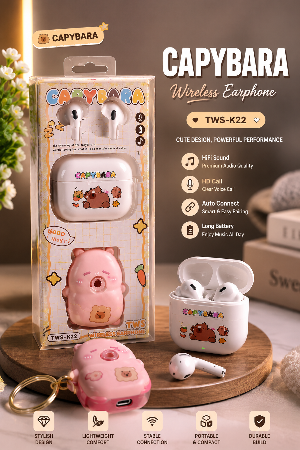 Cute Capybara Bluetooth Earbuds | TWS-K22 | HD Stereo Sound | Long Battery | Premium Gift Box