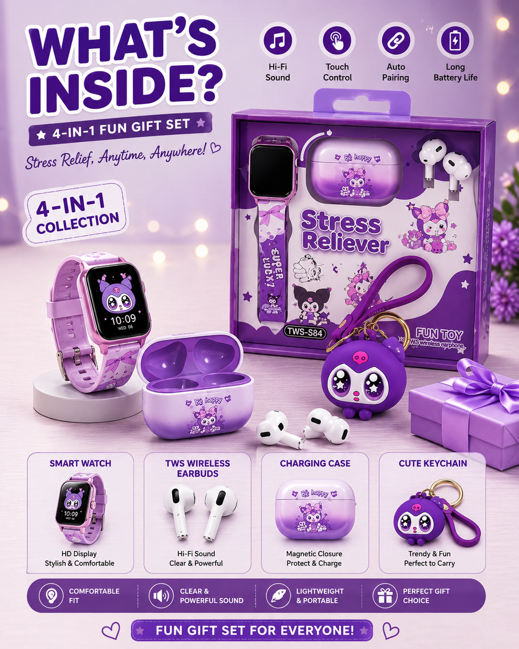 Stress Reliever 4-in-1 Cute Gift Set – Smart Watch + TWS Wireless Earbuds