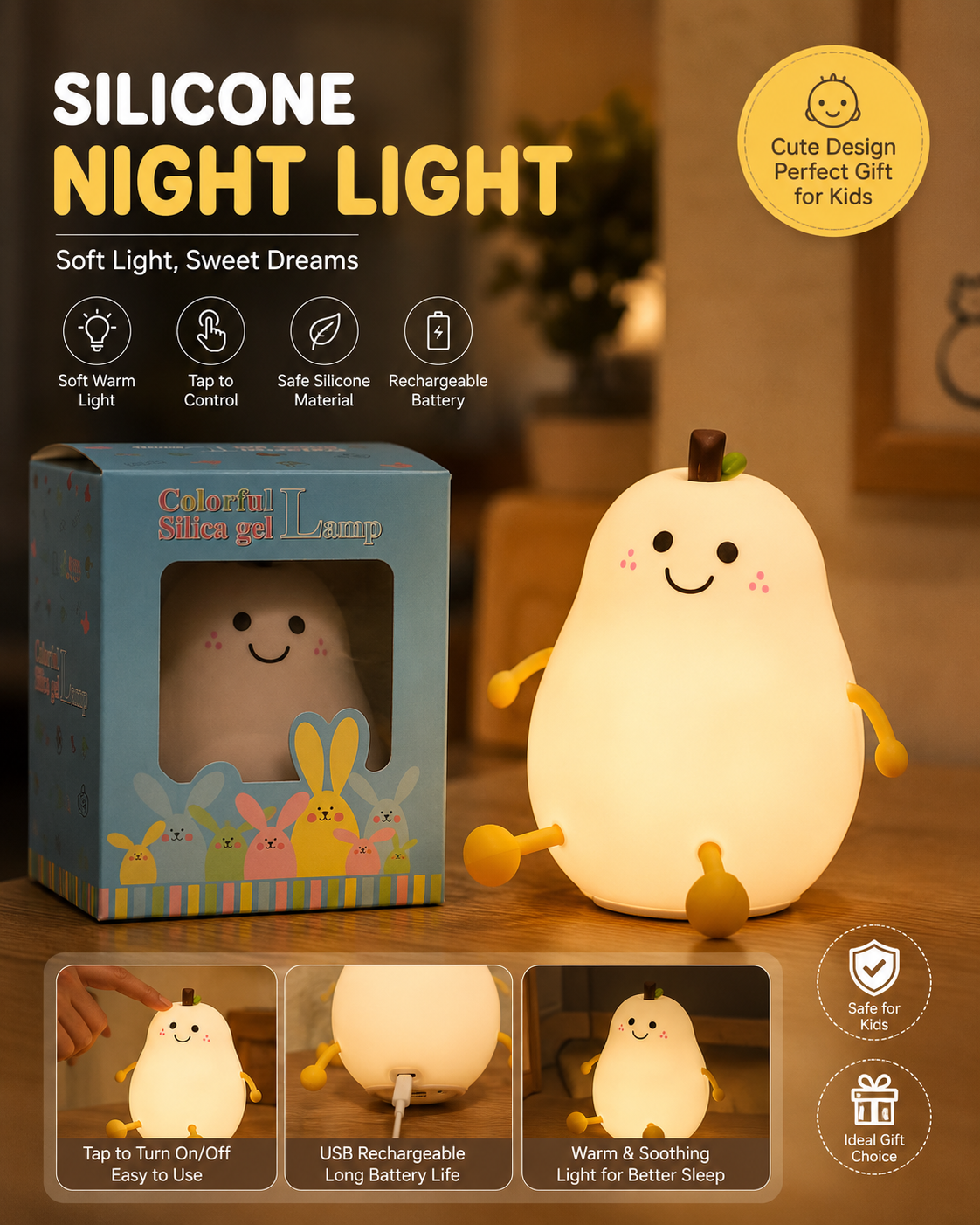 Cute Pear Silicone LED Night Light – USB Rechargeable Tap Control Bedside Lamp with Soft Warm Light for Kids, Baby & Bedroom